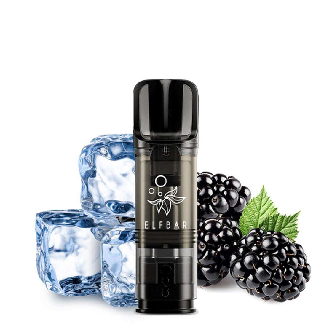 Elfbar ELFA vape with blackberry flavor and ice cubes, promoting sustainable and flavorful vaping.